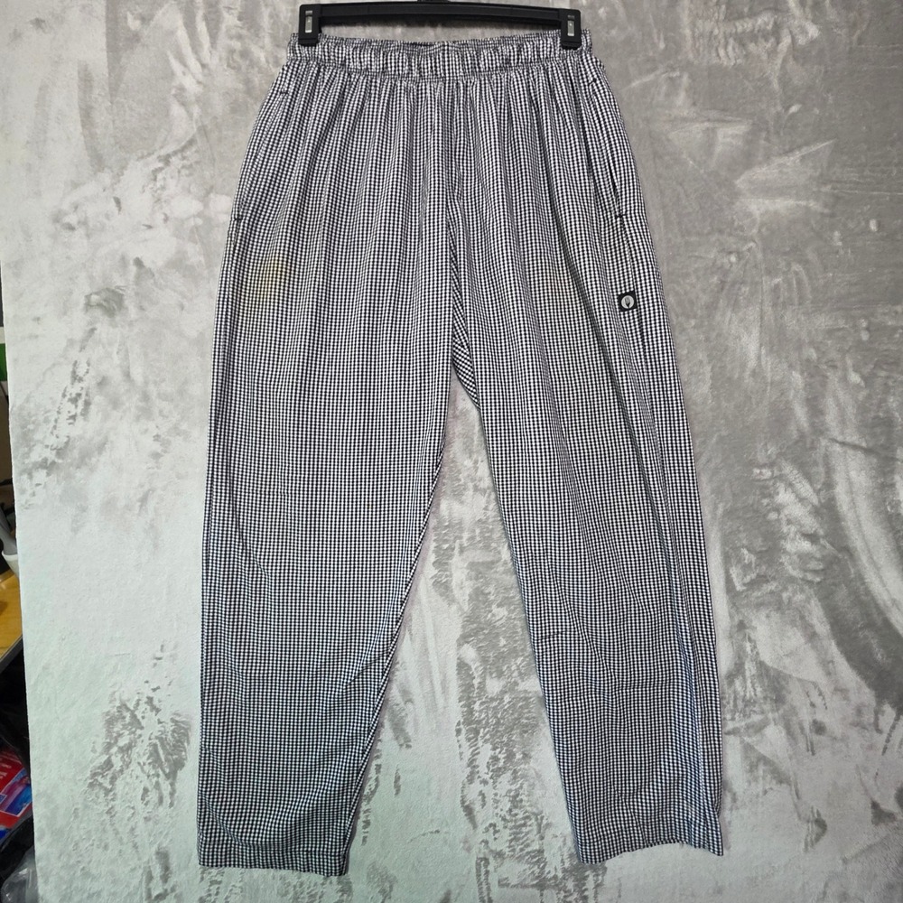 Chef Works Mens Gingham Check Cook Pants Black White Elastic Waist Size L